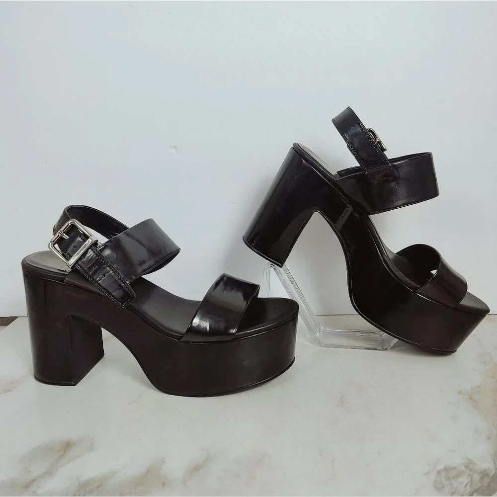 Jeffrey Campbell Moody Black Patent Platform Block Heel Sandals, Sz 9.5